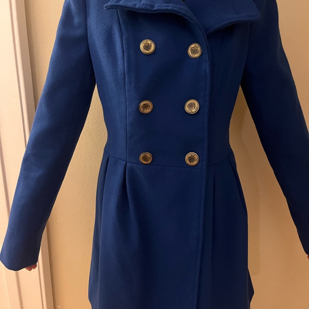 Forever 21 Elegant Blue Double-Breasted Women's Pleated Winter Pea Coat